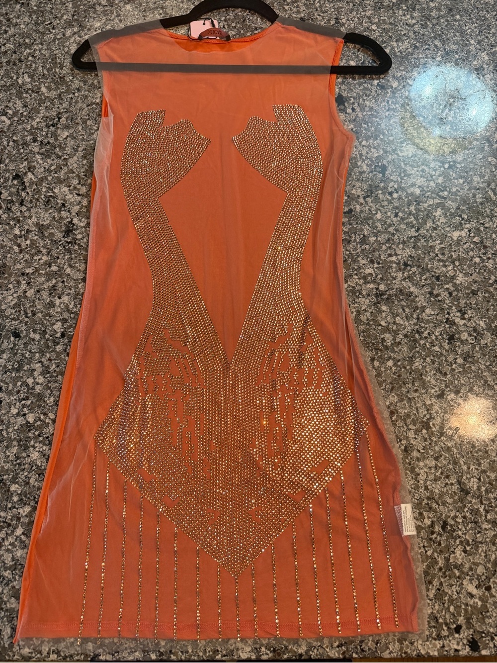 Sleeveless Orange Rhinestone Mesh Mini Dress